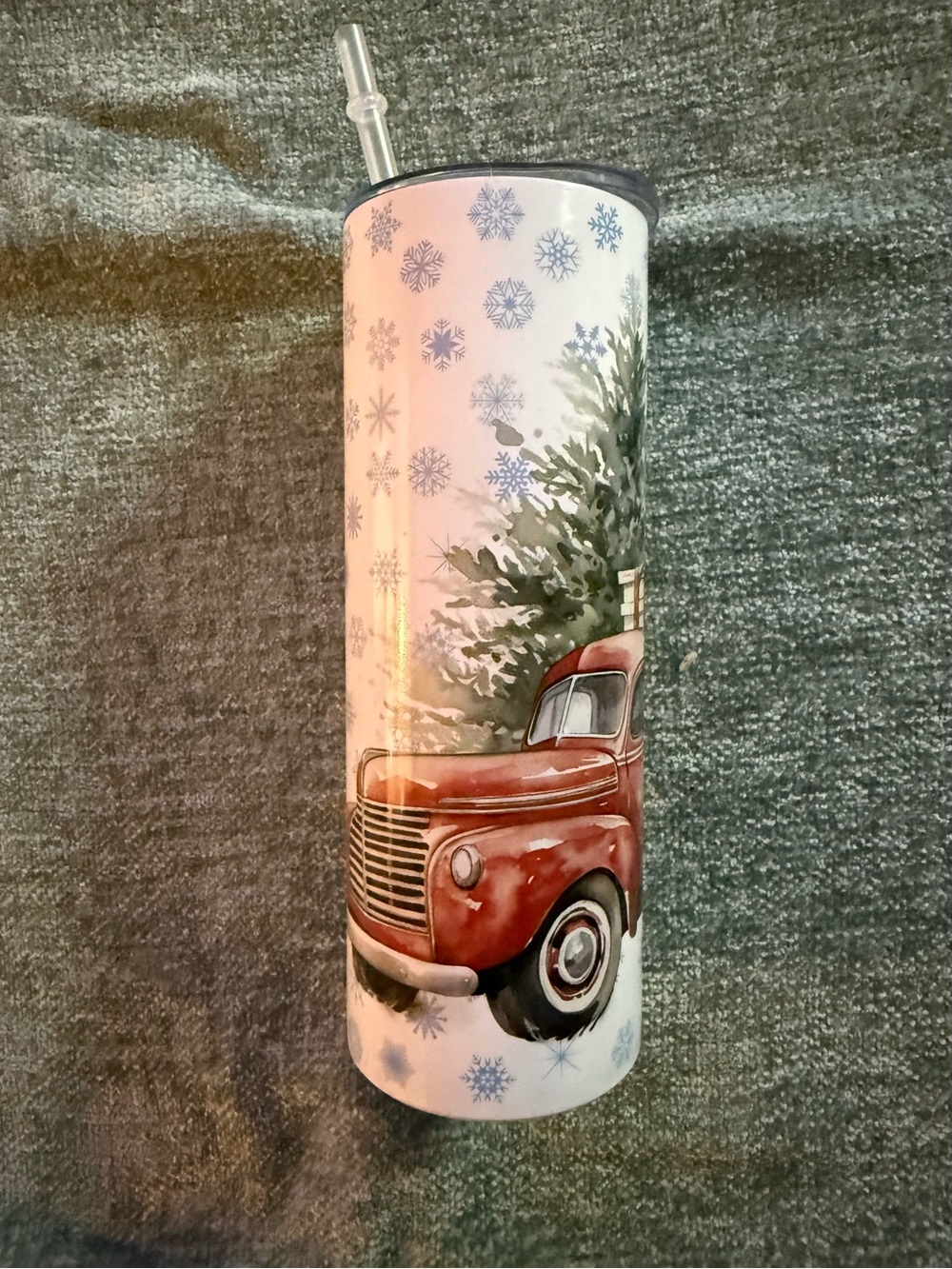 Red Vintage Truck Holiday Tumbler with Winter Tree Design